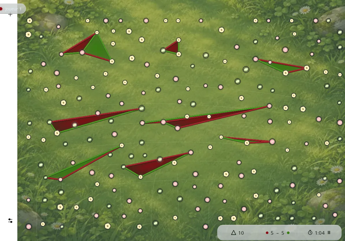 เกม Triangles ที่กำลังเล่นอยู่บนแท็บเล็ตในแนวนอน ธีมทุ่งหญ้า: ดาว 180 ดวง เส้นสีแดงและสีเขียว สามเหลี่ยมที่ระบายสีแล้ว 10 รูป คะแนน 5 ต่อ 5
