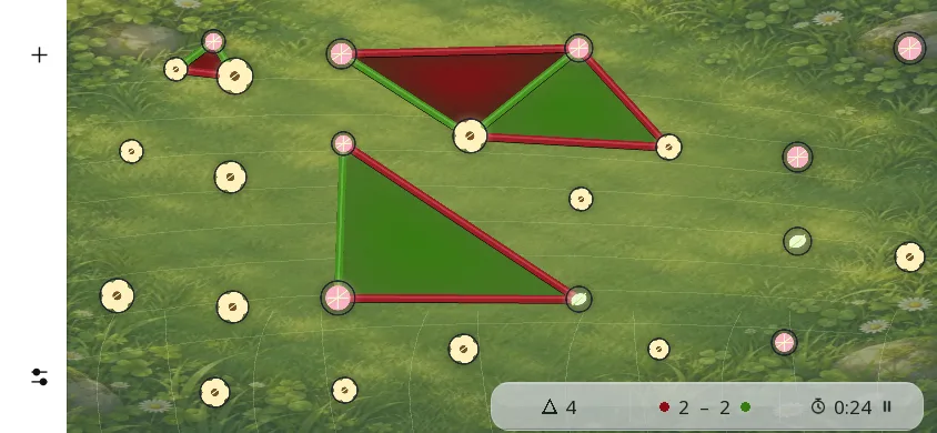 بداية مباراة في Triangles على الهاتف بالوضع الأفقي، بنمط المرج: 24 نجمة، خطوط حمراء وخضراء، 4 مثلثات ملوّنة، والنتيجة 2 مقابل 2.