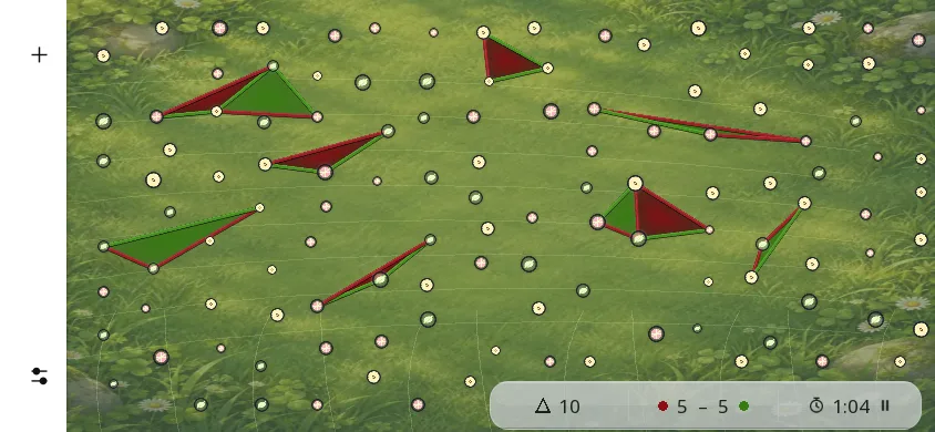เกม Triangles ที่กำลังเล่นอยู่บนโทรศัพท์ในแนวนอน ธีมทุ่งหญ้า: ดาว 120 ดวง เส้นสีแดงและสีเขียว สามเหลี่ยมที่ระบายสีแล้ว 10 รูป คะแนน 5 ต่อ 5